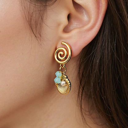 Ocean-Inspired Pearl Shell Pendant Earrings 18K Gold Titanium Steel