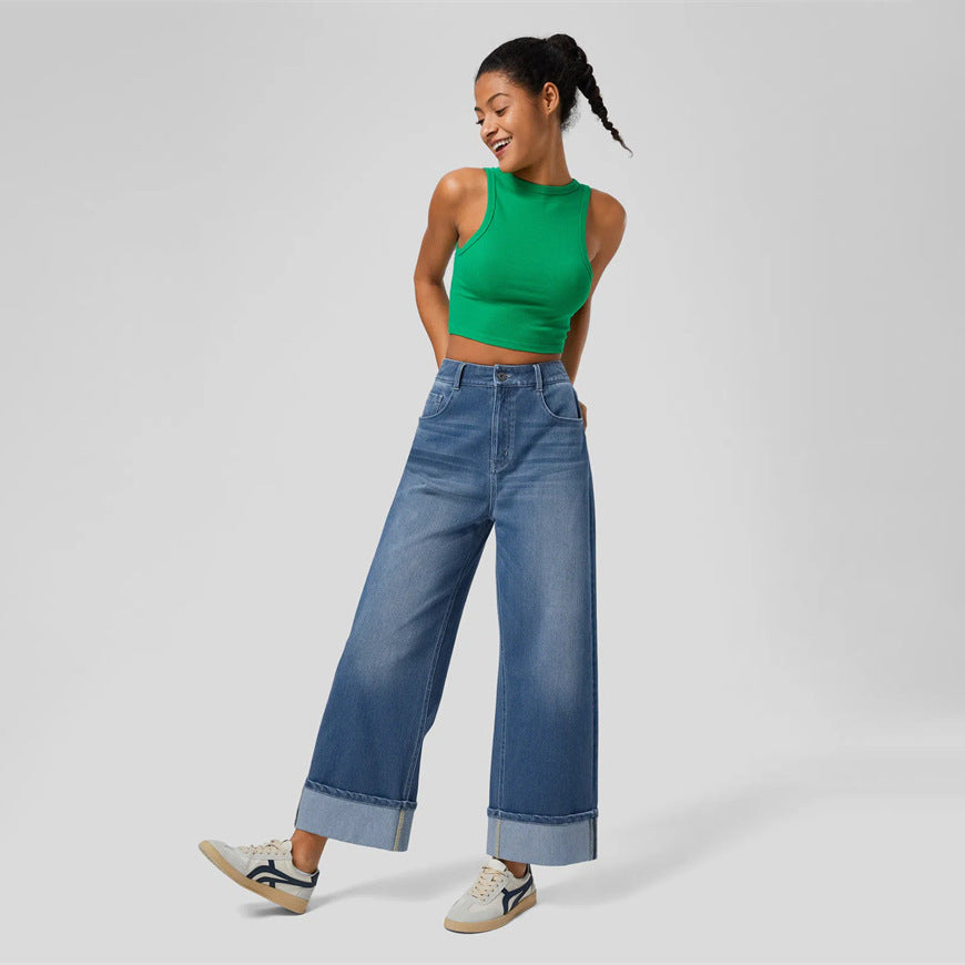 Washed High Waist Casual Straight Leg