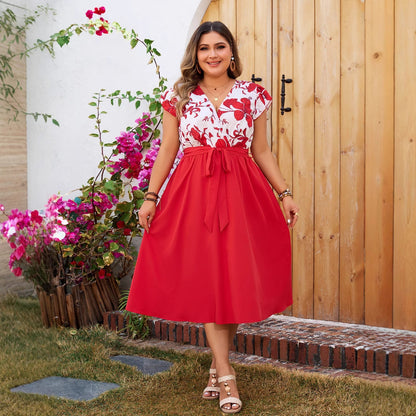 New Floral Print Red A-Line Dress with Ruffled Sleeves