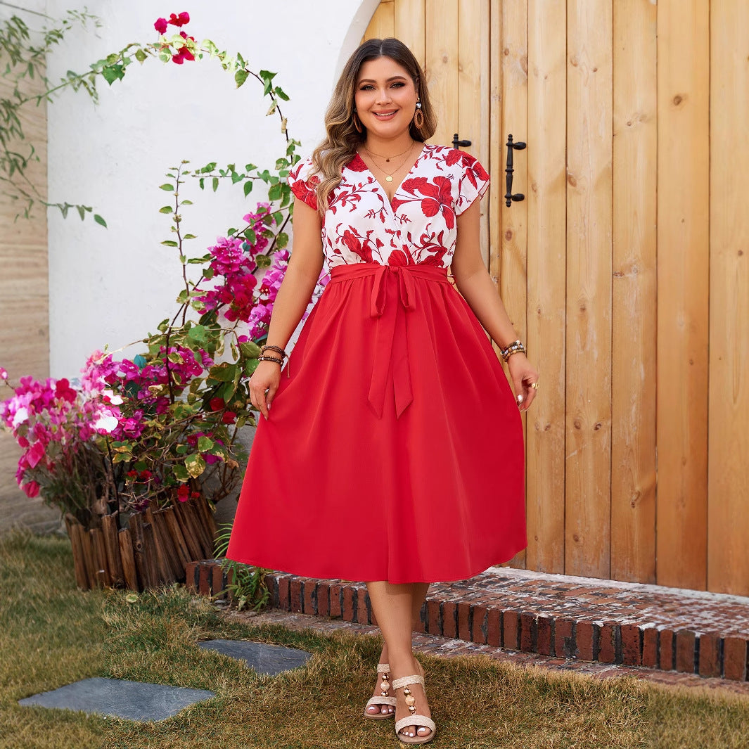New Floral Print Red A-Line Dress With Ruffled Sleeves