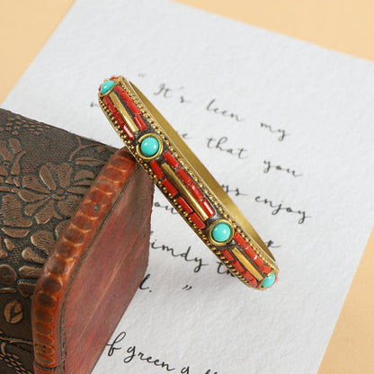 Tibetan Nepalese Bracelet National Style Retro Pure Copper Inlaid Turquoise Tibetan Handmade Bracelet