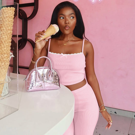 Fashionable Lace Trim Cami Top and Shorts Set