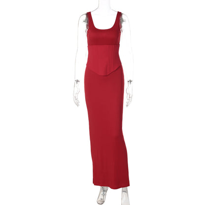 Solid Color Slim Fit Casual Long Dress with Zipper