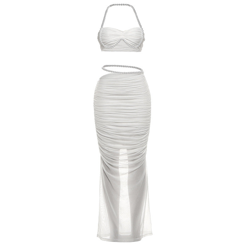 Sexy Hollow-Out Pearl Decor Crop Top And Bodycon Maxi Skirt Set