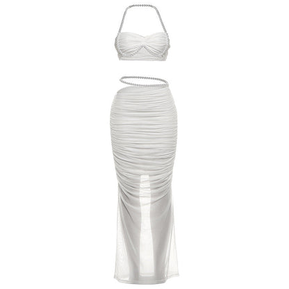 Sexy Hollow-Out Pearl Decor Crop Top And Bodycon Maxi Skirt Set