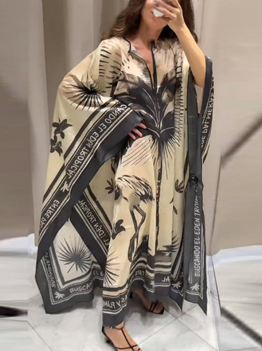 Vintage Floral Print V-Neck Loose Plus Size Maxi Dress
