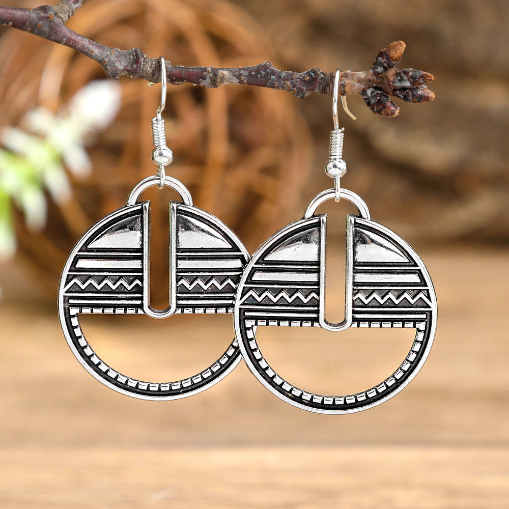 Geometric Cut-Out Vintage Metal Earrings Stylish Silver Jewelry