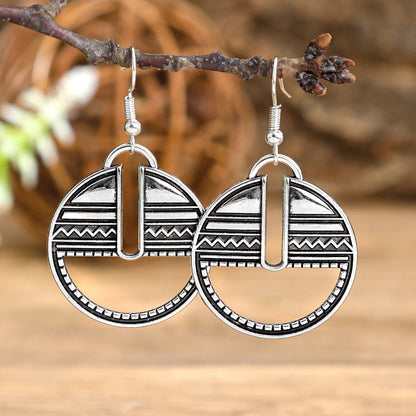 Geometric Cut-Out Vintage Metal Earrings Stylish Silver Jewelry