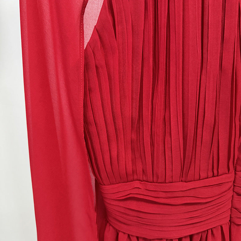 Long Pleated Chiffon Dress Elegant Street Style