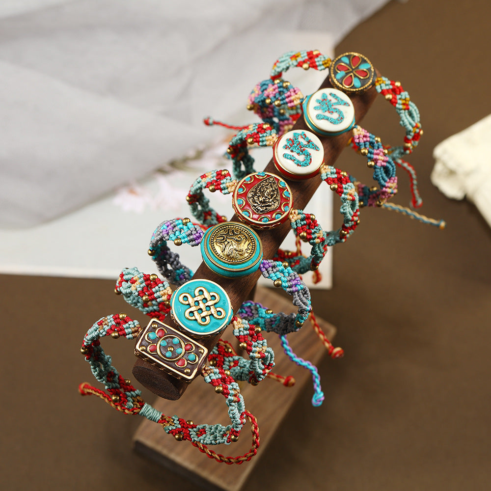 Tibetan Ethnic Style Nepalese Beads Hand String Retro Diagonal Knot Colorful Rope Pure Hand Woven Bracelet