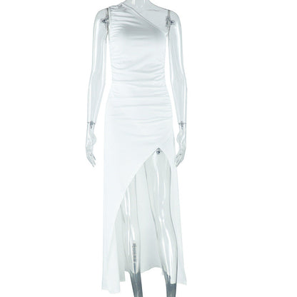 Asymmetrical Sleeveless Long Dress Elegant Solid Color