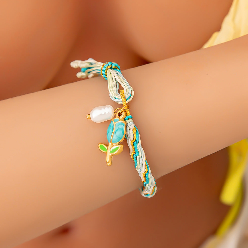 Colorful Hand-Woven Tassel Bracelet with 18K Gold Shell Pendant