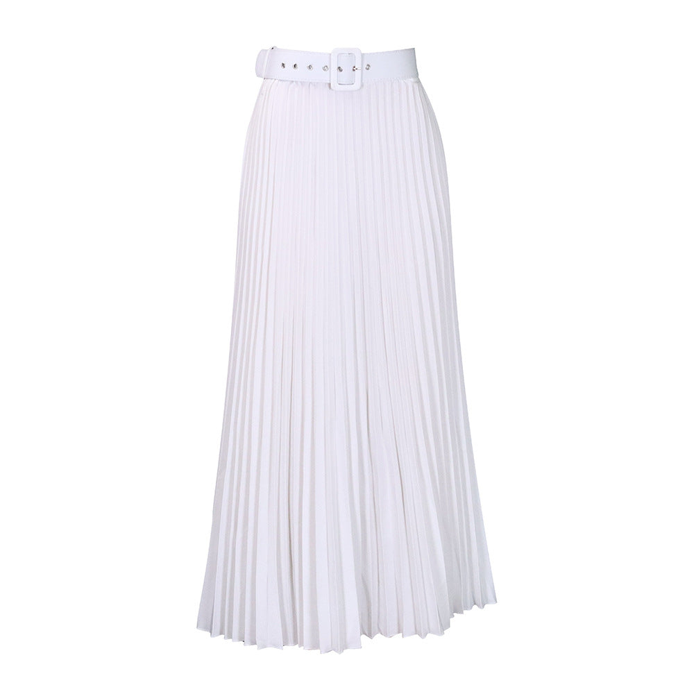 High Waist A-Line Midi Skirt With Belt In Solid Colors