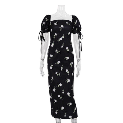 French Floral Puff Sleeve Midi Dress