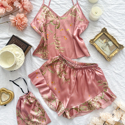 Cherry Blossom Pattern Faux Silk Pajama Set (2-Piece)