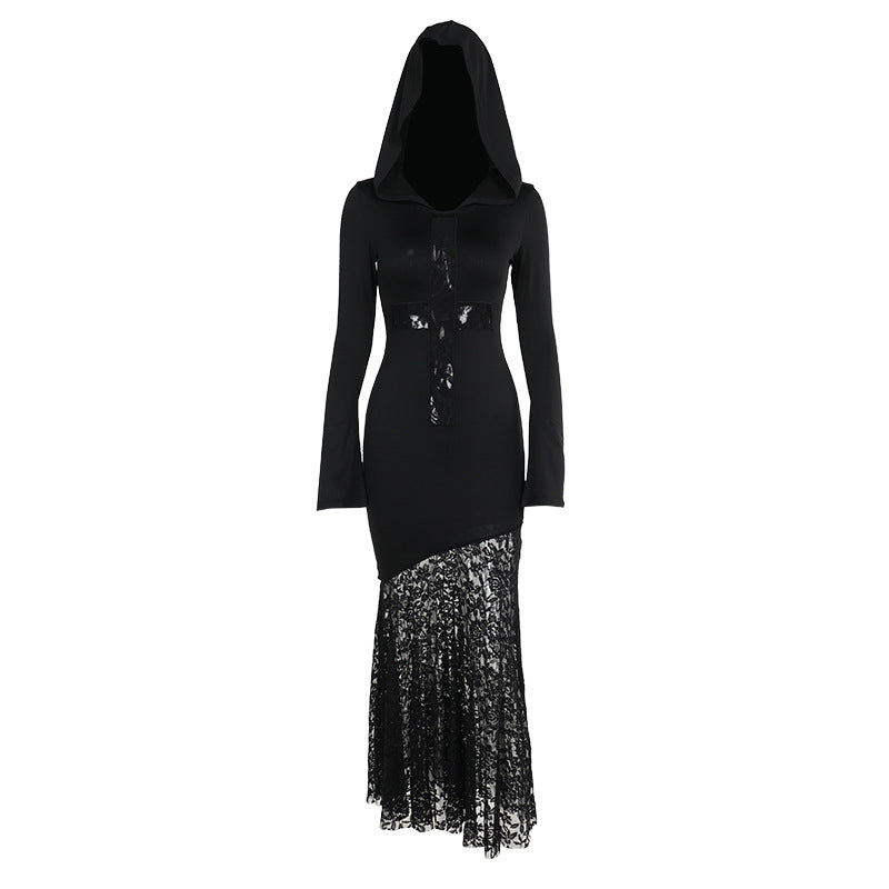Elegant Hooded Lace Hollow Out Long Sleeve Dress