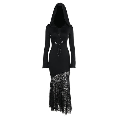 Elegant Hooded Lace Hollow Out Long Sleeve Dress