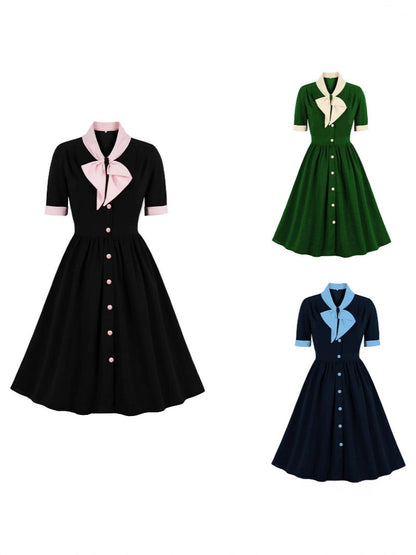 Vintage Style A-Line Dress with Bow, Polyester Fabric