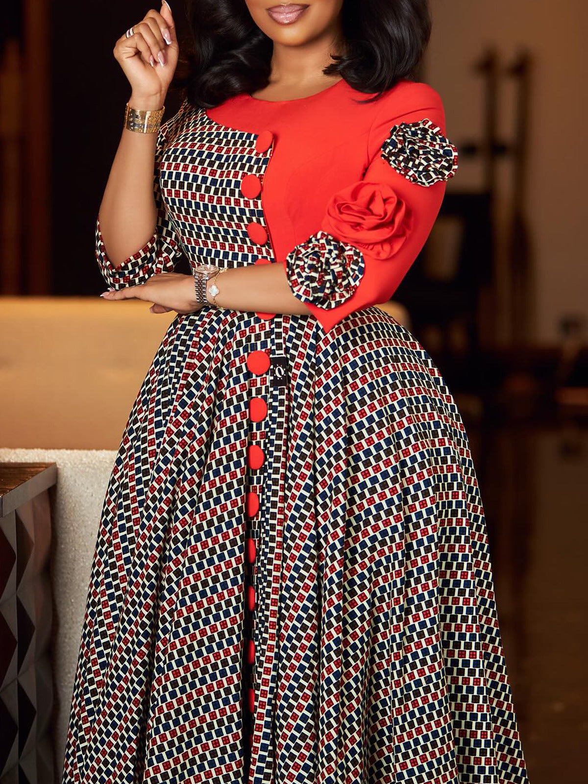 African Print Elegant A-Line Dress With Half Sleeves