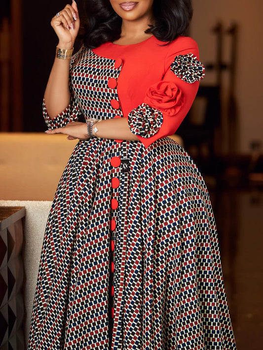 African Print Elegant A-Line Dress With Half Sleeves