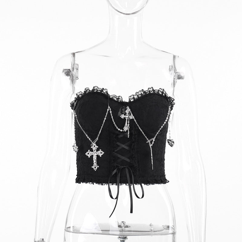 Sexy Gothic Strapless Top with Lace and Chains