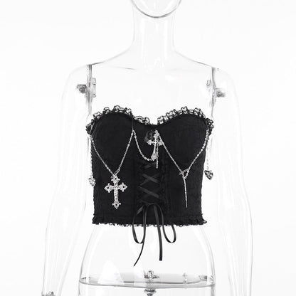 Sexy Gothic Strapless Top with Lace and Chains