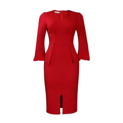 V-Neck Puff Sleeve High Waist Pencil Dress