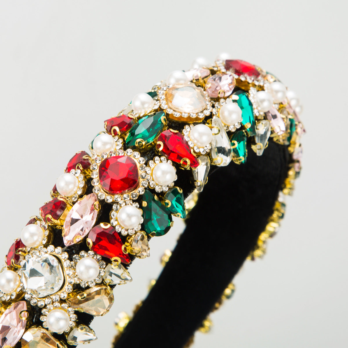 Vintage Baroque Style Velvet Headband for Women with Rhinestones and Pearls
