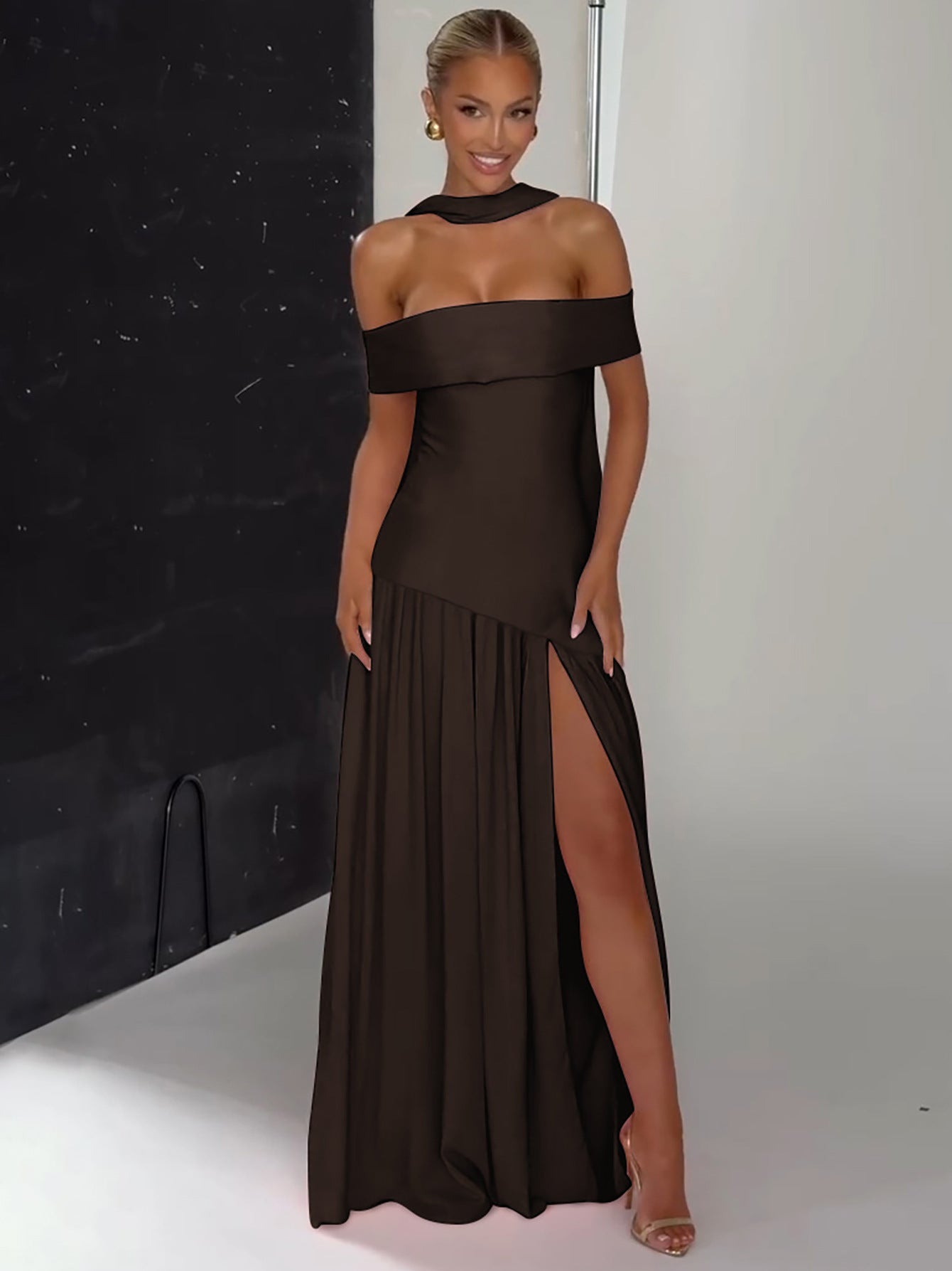Off-Shoulder Long Dress with Side Slit for Elegant Women