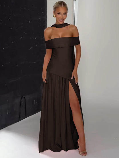 Off-Shoulder Long Dress with Side Slit for Elegant Women