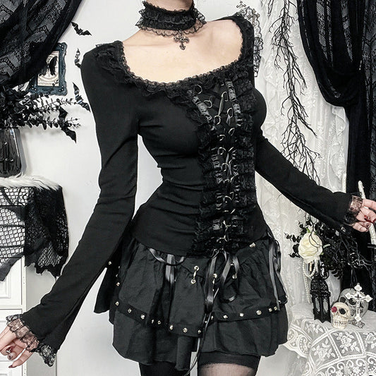 Dark Aesthetic Lace Trim Long Sleeve Top with Choker