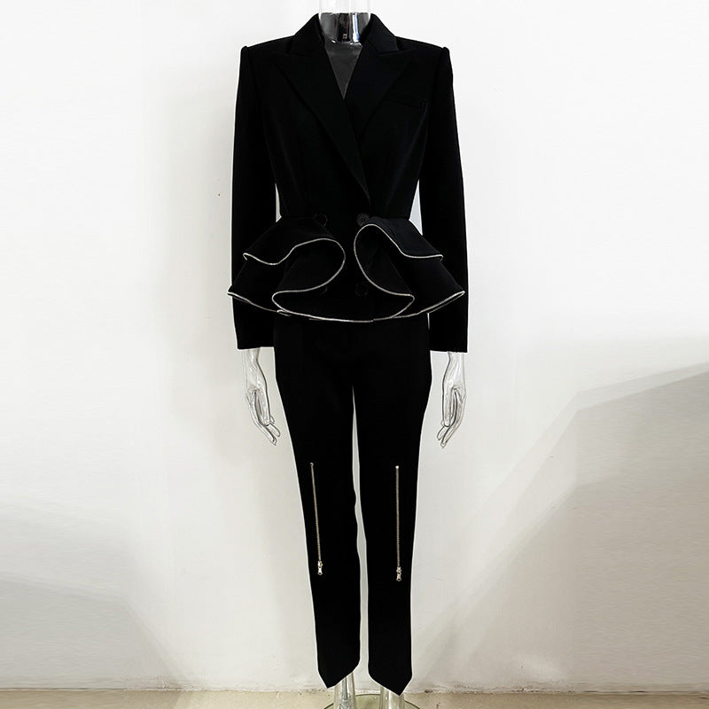 Ruffle Trim Blazer And Pants Set For Street Style