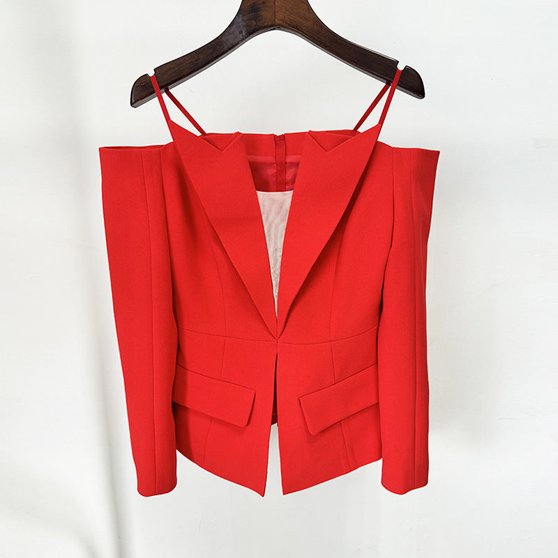 Red Zippered Blazer with Off-Shoulder Design