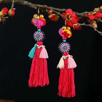 Retro National Style Contrast Color Pommel Earrings Exaggerated Personality Bohemian Holiday Long Tassel Temperament Earrings Women