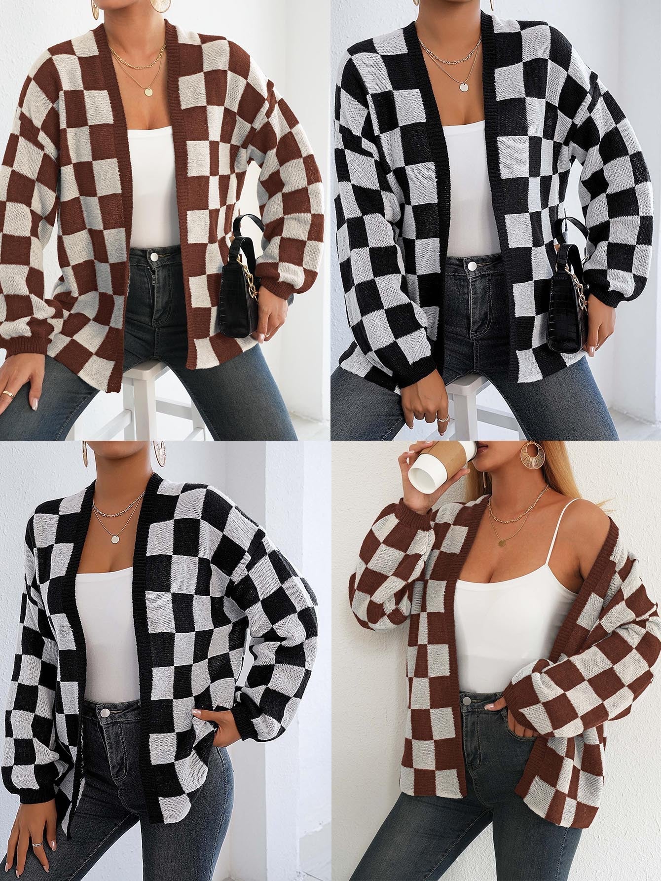 Women鈥檚 Color-Blocked Plaid Knit Cardigan Casual Sweater