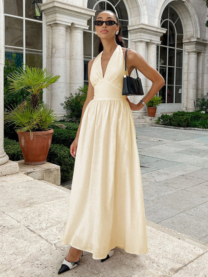 Cotton V-Neck Maxi Dress Casual Belted Style