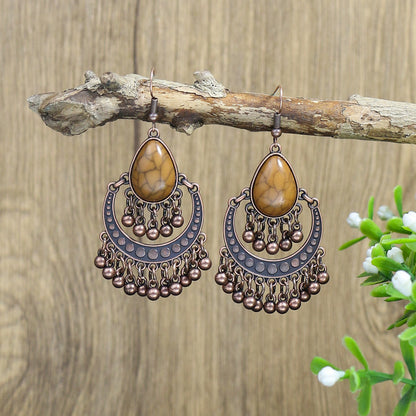 Exaggerated Vintage Geometric Wooden Earrings with Tassel and Bell