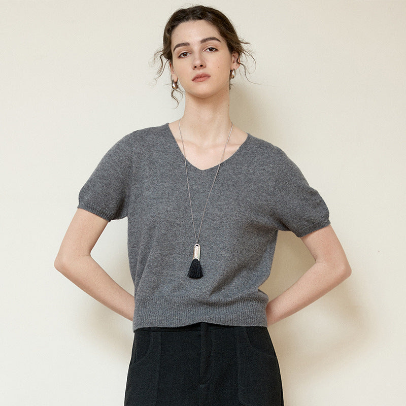 Light Luxury V-Neck Knit Top Soft Cashmere Blend T-Shirt