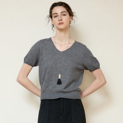 Light Luxury V-Neck Knit Top Soft Cashmere Blend T-Shirt