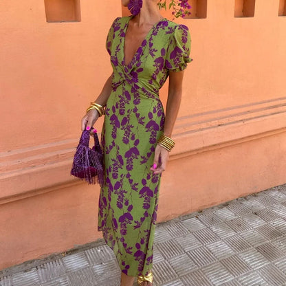 Color Block Floral Maxi Dress Elegant Fit Short Sleeve Dress
