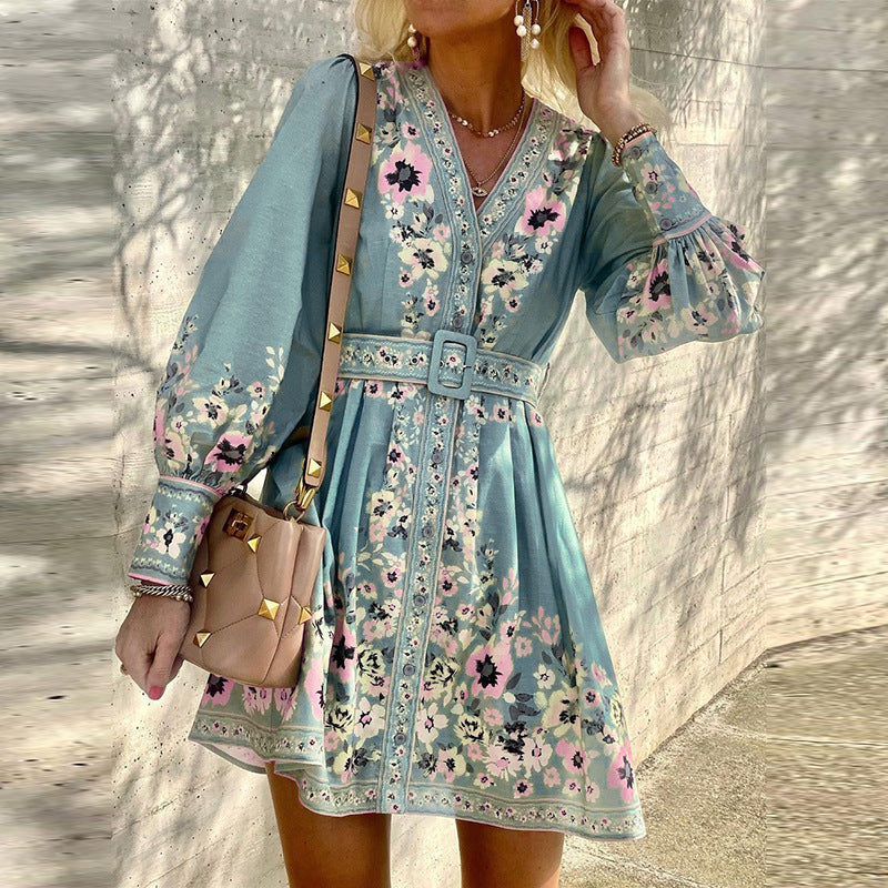 Women'S Long Sleeve V-Neck Loose Printed Boho Dress