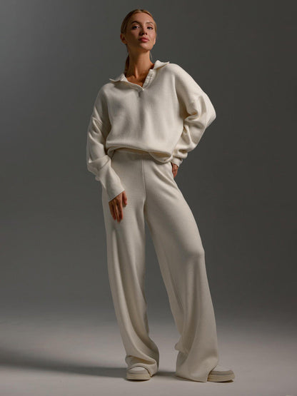 Knitted Sweater Set with Polo Neck and Wide Leg Pants for Casual Style