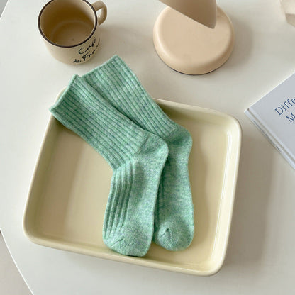 Solid Color Striped Thicken Plush Wool Crew Socks