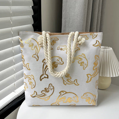 Large Capacity Linen Tote Bag with Dual-Sided Gold Foil Design
