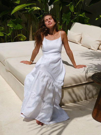 Strappy Back Maxi Dress Elegant Cotton Cake Dress