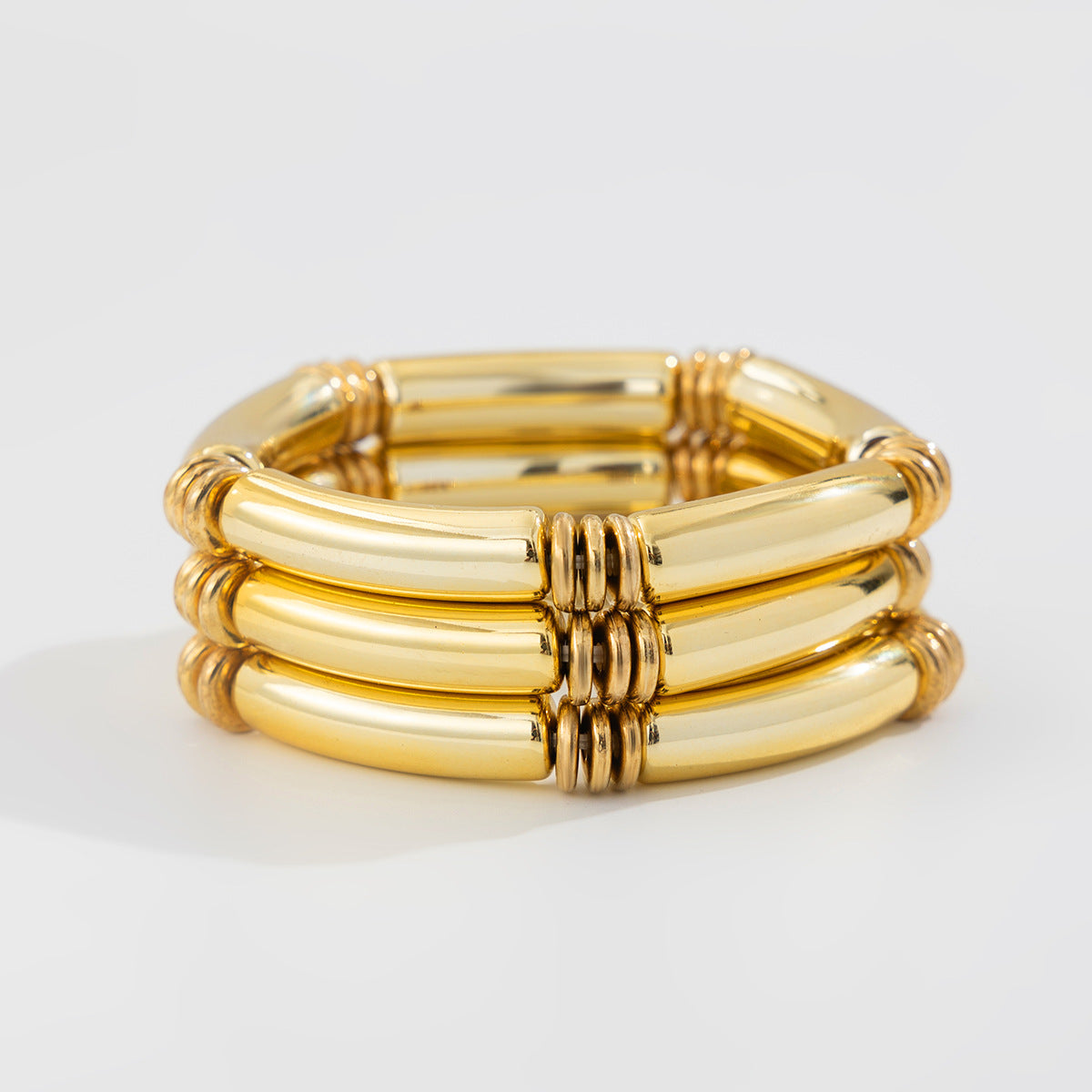 Trendy Beaded Bamboo Bracelets Set With Metallic Curved Tube Design