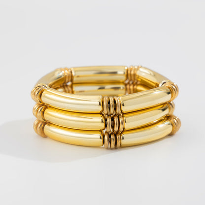 Trendy Beaded Bamboo Bracelets Set With Metallic Curved Tube Design