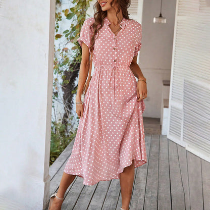 Polka Dot High-Waisted Tie Dress Casual Vacation Look