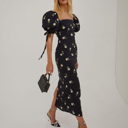 French Floral Puff Sleeve Midi Dress