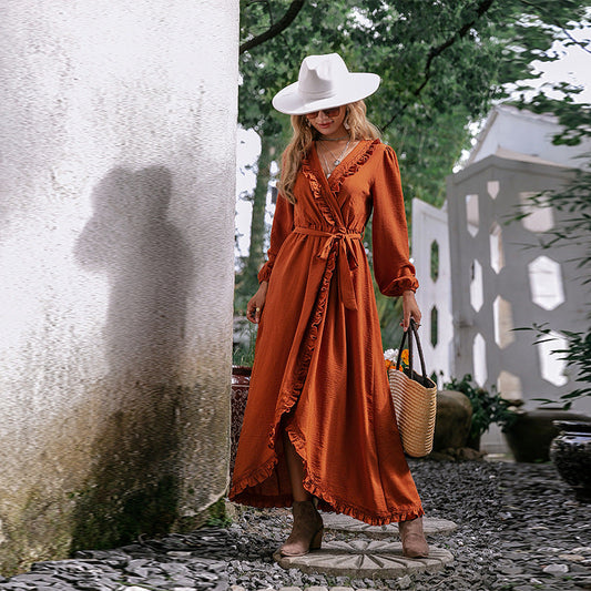 Women'S Solid Bohemian V-Neck Floral Resort Style Long Sleeved Dress